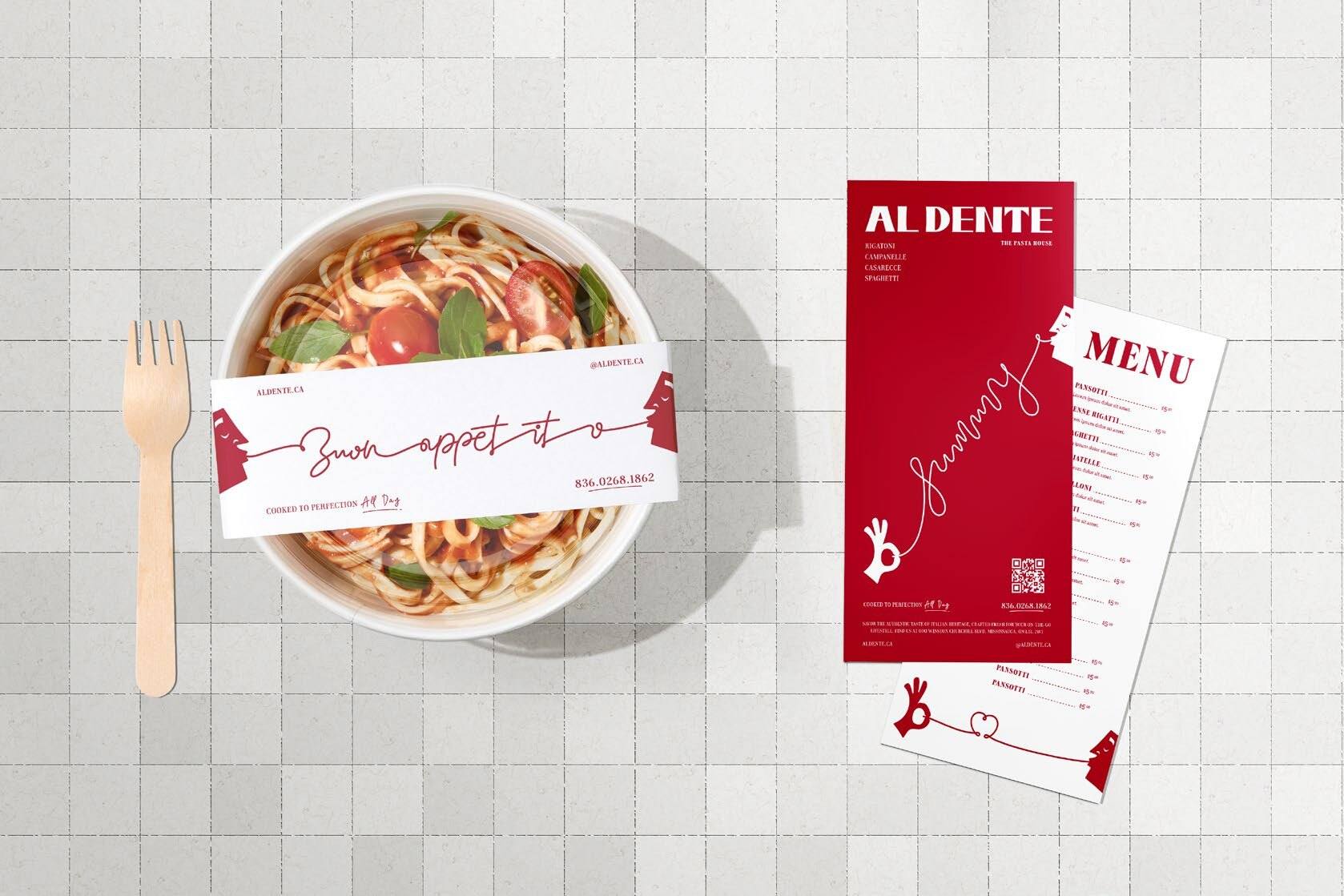 Al Dente bowl and menu on a tiled counter