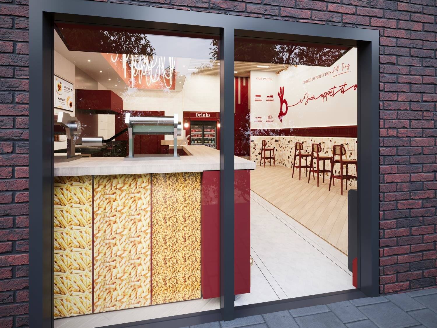 Rendering of an Al Dente storefront seen through the window